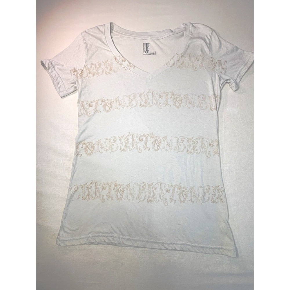 Vintage Y2K Burton Women's White V-Neck Short Sleeve Logo T-Shirt Regular L 017